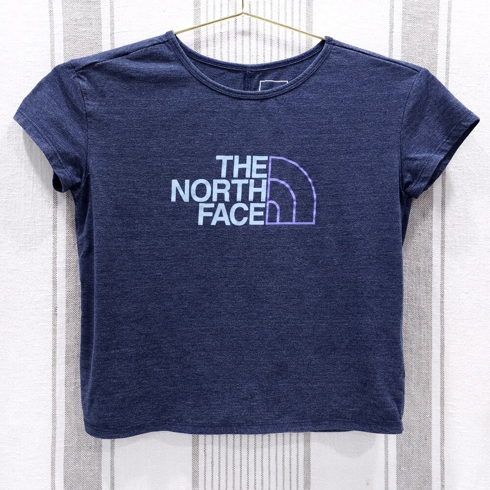 The North Face Shirt Girls Medium 10- 12 Extra Large Crop Top Blue Logo Spellout